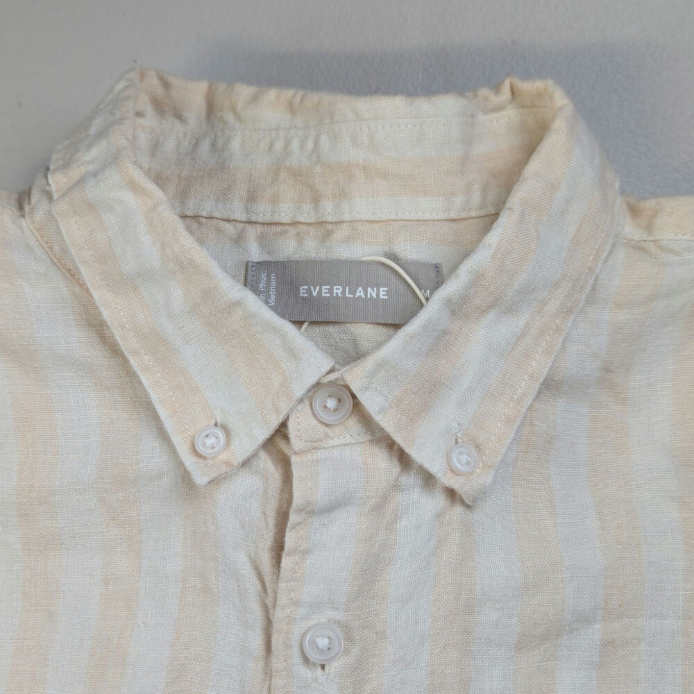 Everlane Linen Button Up Shirt Beige Stripe Oversized Prep Coastal Womens Medium
